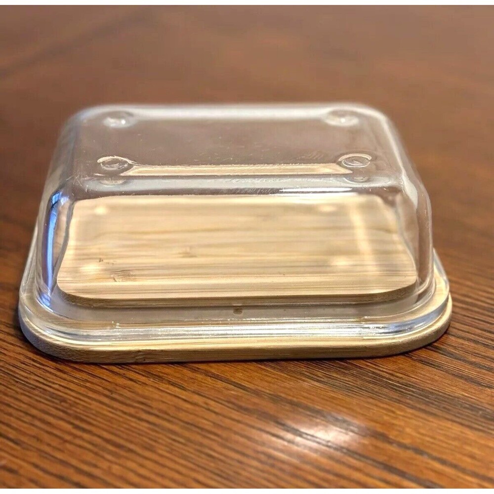 Bamboo Base Glass Butter Dish with Lid & Tray Standard Serving Storage Container